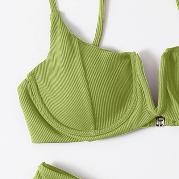 Lime Green Swim Summer Beach Ribbed Bikini Set V Wired Underwire Cami Bra - Picture 3 of 4